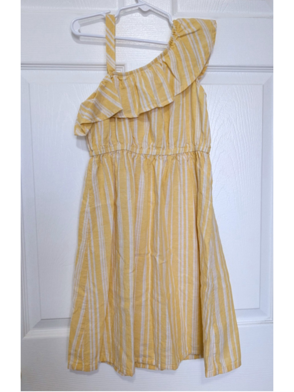 Girls Sleeveless Summer Fall Cottagecore Dress Yellow Stripe Ruffled Size M 7-8